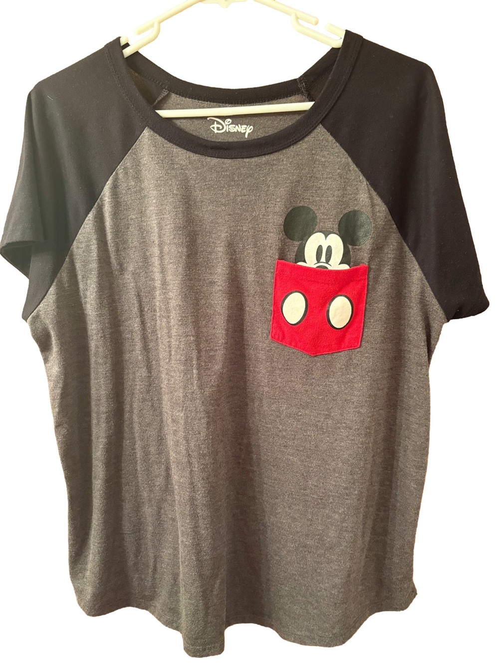 Disney Women’s Mickey Mouse Gray & Black Raglan Tee with with Peeking Mickey 1X